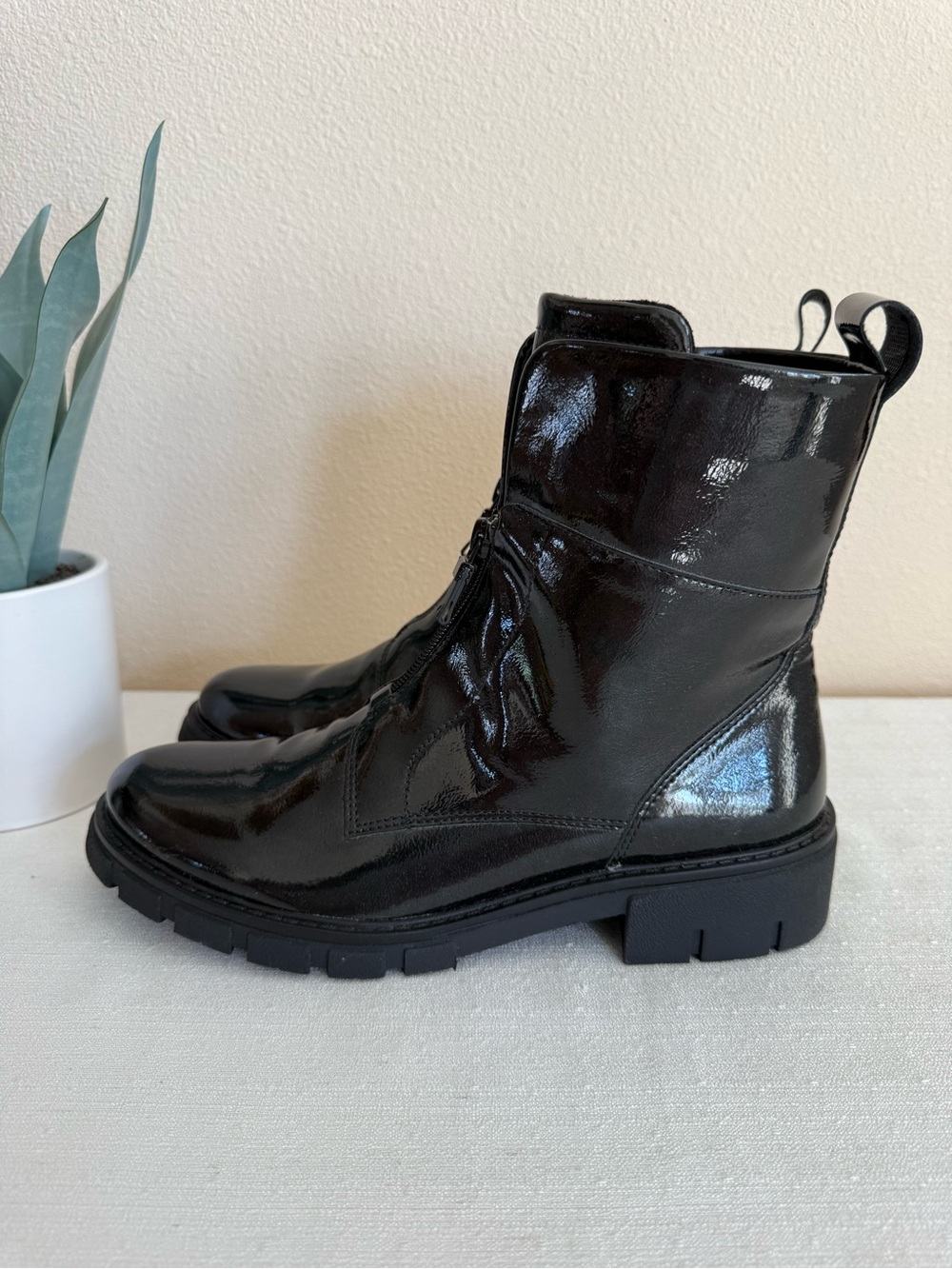 ARA High Soft Black Patent Leather Combat Boots